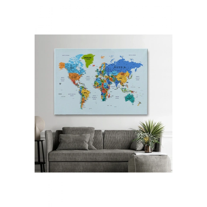 Detaylı Dünya Haritası Dekoratif Renkli Zeminli Kanvas Tablo 1708