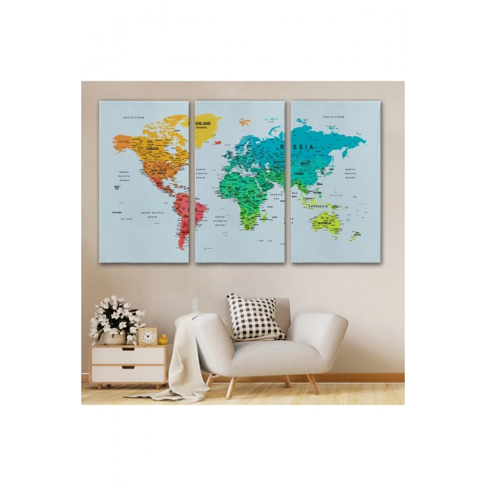Detaylı Dünya Haritası Dekoratif Renkli Zeminli Kanvas Tablo 1710