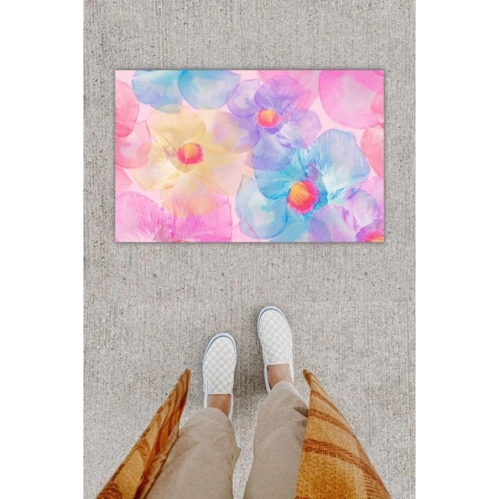 Dijital Baskı Dekoratif Çiçek Ebruli Kapı Önü Paspası K-1261