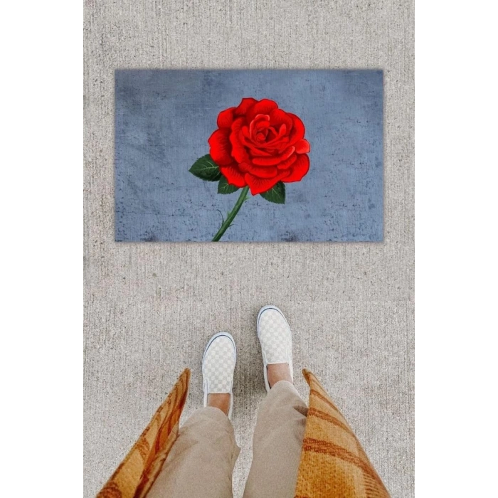 Dijital Baskı Dekoratif Gül Kırmızı Kapı Önü Paspası K-1294