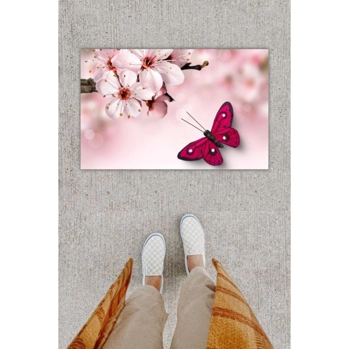 Dijital Baskı Dekoratif Kelebek Pembe Kapı Önü Paspası K-1232