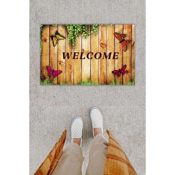 Dijital Baskı Dekoratif lü Kelebek Kahverengi Kapı Önü Paspası K-1257