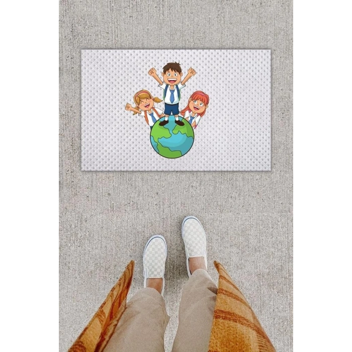 Dijital Baskı Dekoratif Mutlu Çocuklar Beyaz Kapı Önü Paspası K-1285