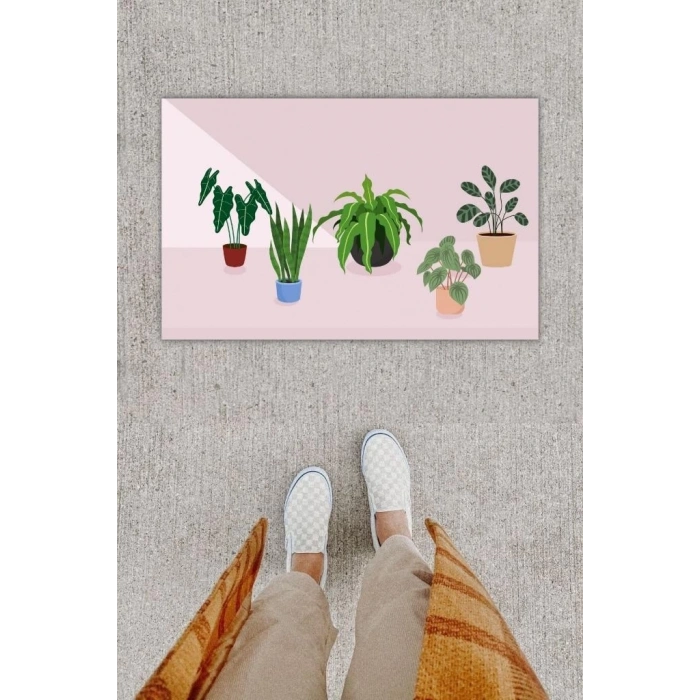 Dijital Baskı Dekoratif  Saksı Bej Kapı Önü Paspası K-1207