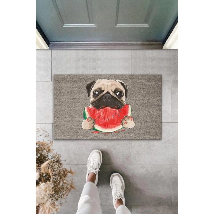 Dijital Baskı Gri Dilim Karpuz Yiyen Köpek Dekoratif Kapı Paspası K-2033