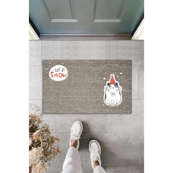Dijital Baskı Gri Let It Snow Kukuletalı Kedi Dekoratif Kapı Paspası K-2058