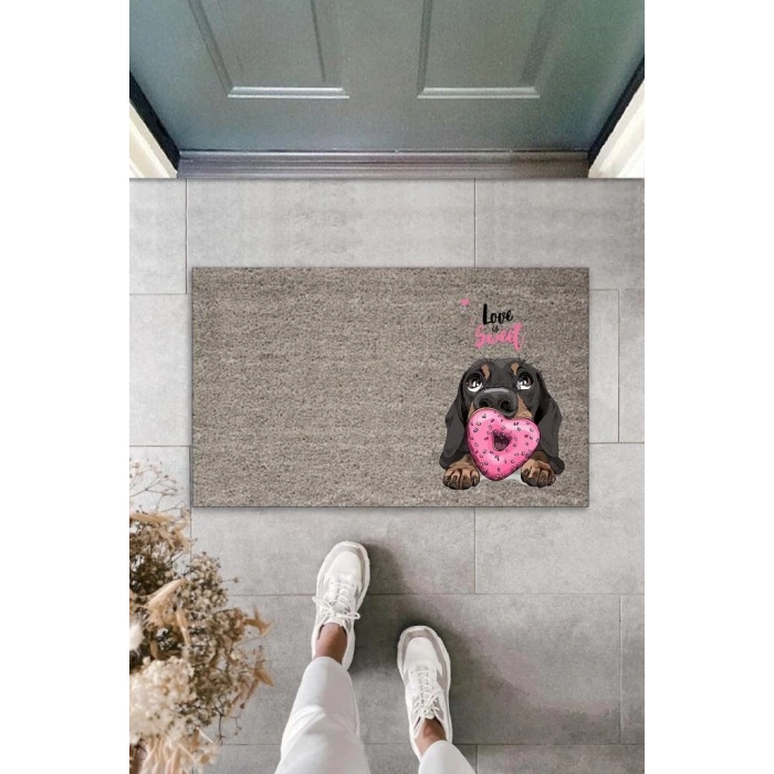 Dijital Baskı Gri Love Sweet Köpekli Dekoratif Kapı Paspası K-2057
