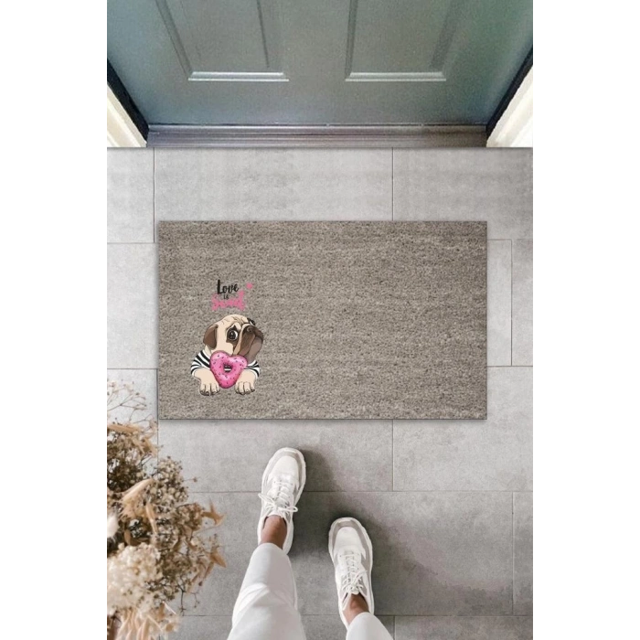 Dijital Baskı Gri Love Sweet Pembe Şekerlemeli Bulldog Köpek Dekoratif Kapı Paspası K-2077