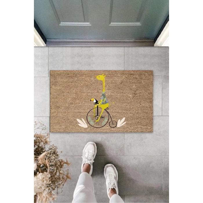 Dijital Baskı Kahverengi Bisikletli Zürafa Paspas K-3160