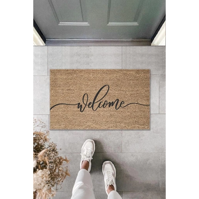 Dijital Baskı Kahverengi İtalik Yazılı Welcome Dekoratif Kapı Paspası K-2004