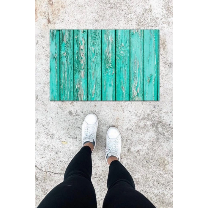 Dijital Baskı Mavi Ahşap Kapı Desen Kapı Önü Paspası K-1045