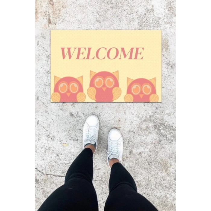 Dijital Baskı Pembe Üç Baykuş Desen Kapı Önü Paspası K-1032