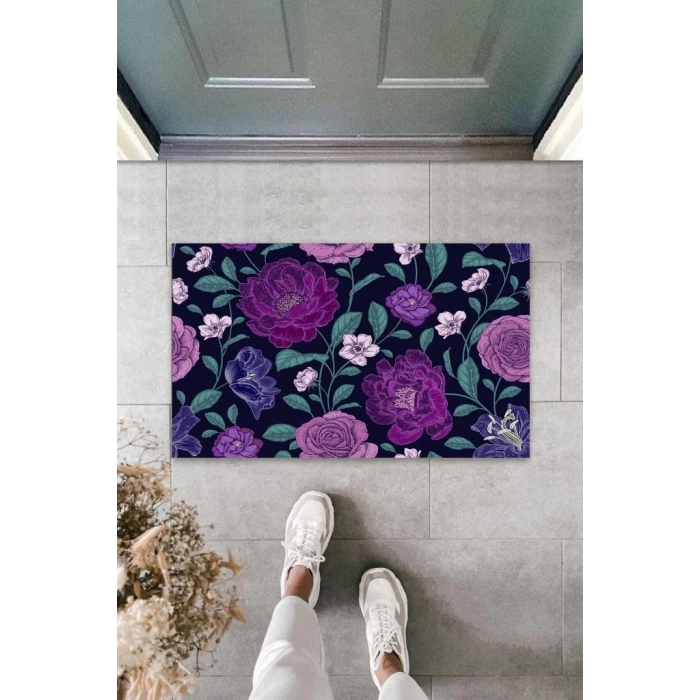 Dijital Büyük Çiçekler Mor Kapı Paspası Dış Mekan Paspas K-3067