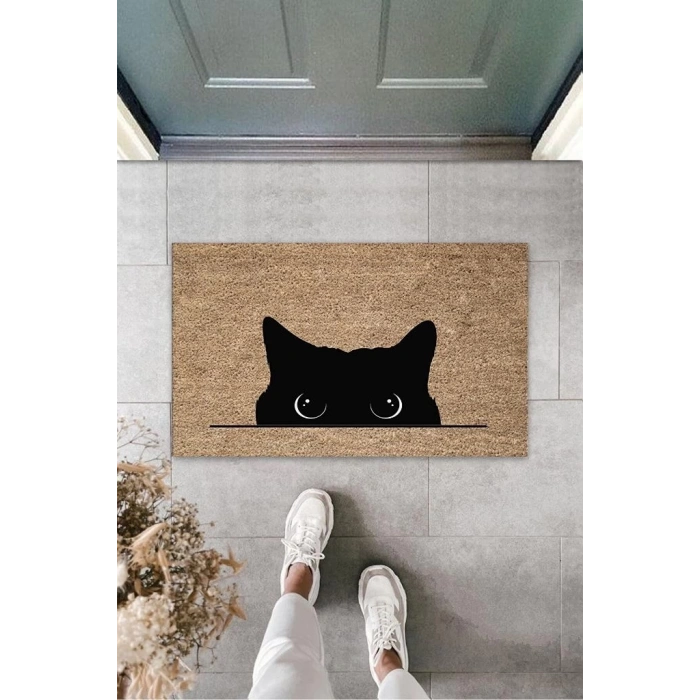 Dijital Kara Kedi Bej Kapı Paspası Dış Mekan Paspas K-3185