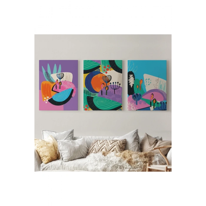 Doğa Motifleri, Çiçek Yaprakları, Modern Soyut Tarzda 3 lü Kanvas Tablo Seti-AK-11