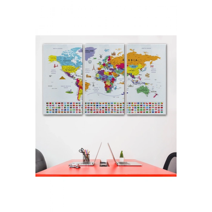 Dünya Haritası Ayrıntılı Eğitici  Sembollü Bayraklı Dekoratif Kanvas Tablo 2833