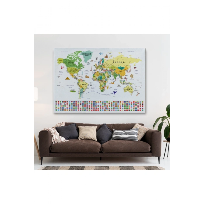 Dünya Haritası Ayrıntılı Eğitici  Sembollü Bayraklı Dekoratif Kanvas Tablo 2835