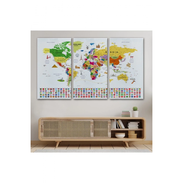 Dünya Haritası Ayrıntılı Eğitici  Sembollü Bayraklı Dekoratif Kanvas Tablo 2839