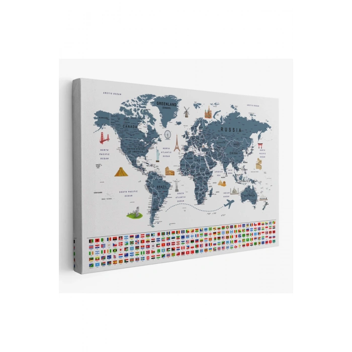 Dünya Haritası Ayrıntılı Eğitici  Sembollü Bayraklı Dekoratif Kanvas Tablo 2841