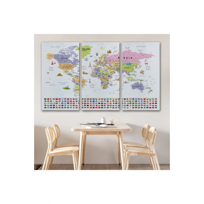 Dünya Haritası Ayrıntılı Eğitici  Sembollü Bayraklı Dekoratif Kanvas Tablo 2845