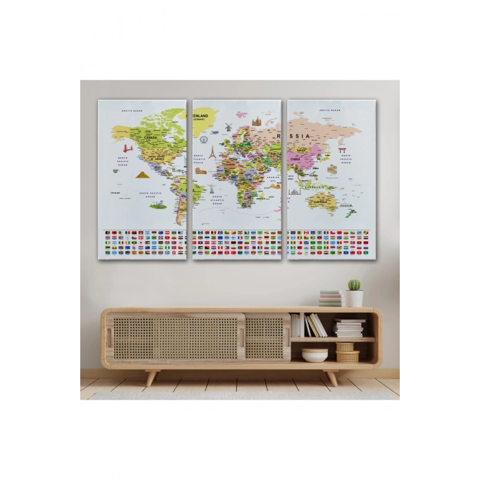Dünya Haritası Ayrıntılı Eğitici  Sembollü Bayraklı Dekoratif Kanvas Tablo 2849