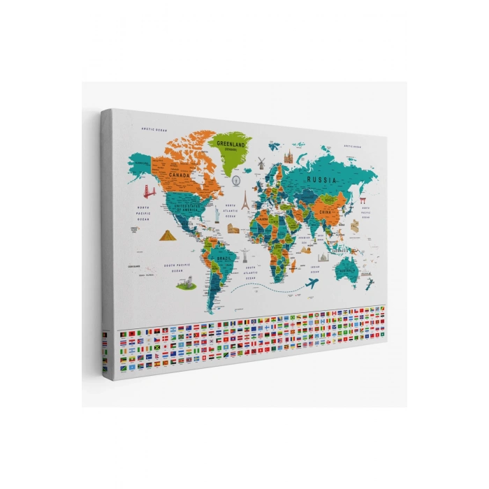 Dünya Haritası Ayrıntılı Eğitici  Sembollü Bayraklı Dekoratif Kanvas Tablo 2855