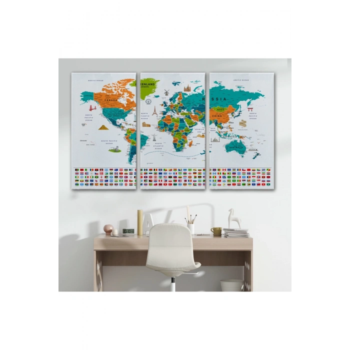 Dünya Haritası Ayrıntılı Eğitici  Sembollü Bayraklı Dekoratif Kanvas Tablo 2855