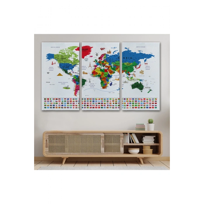 Dünya Haritası Ayrıntılı Eğitici  Sembollü Bayraklı Dekoratif Kanvas Tablo 2881