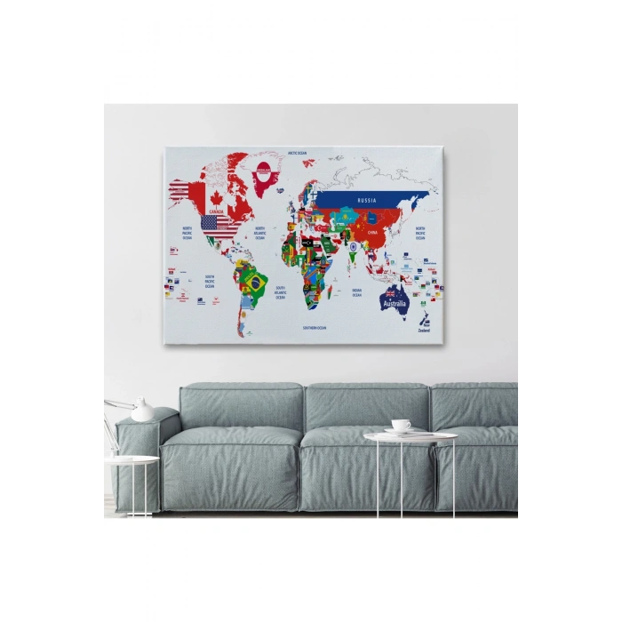 Dünya Haritası Bayrak Desenli Dekoratif Kanvas Tablo 1043