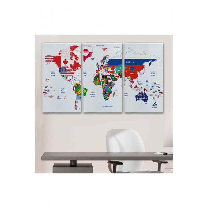 Dünya Haritası Bayrak Desenli Dekoratif Kanvas Tablo 1043