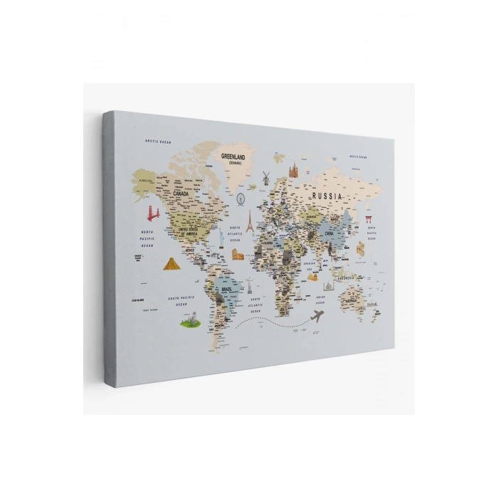 Dünya Haritası Çok Detaylı Ünlü Yerler Sembollü Kanvas Tablo 1746