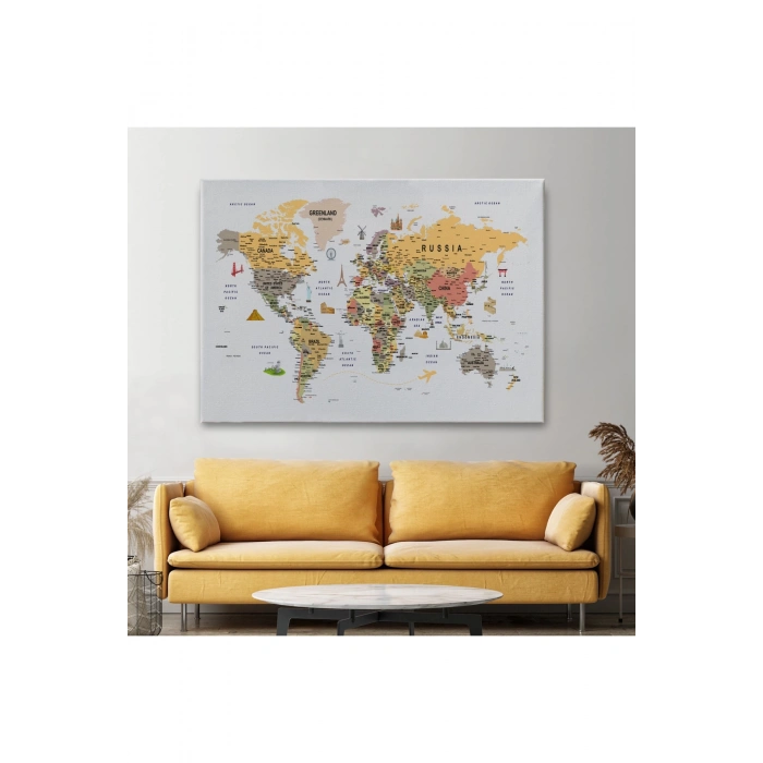 Dünya Haritası Çok Detaylı Ünlü Yerler Sembollü Kanvas Tablo 1748