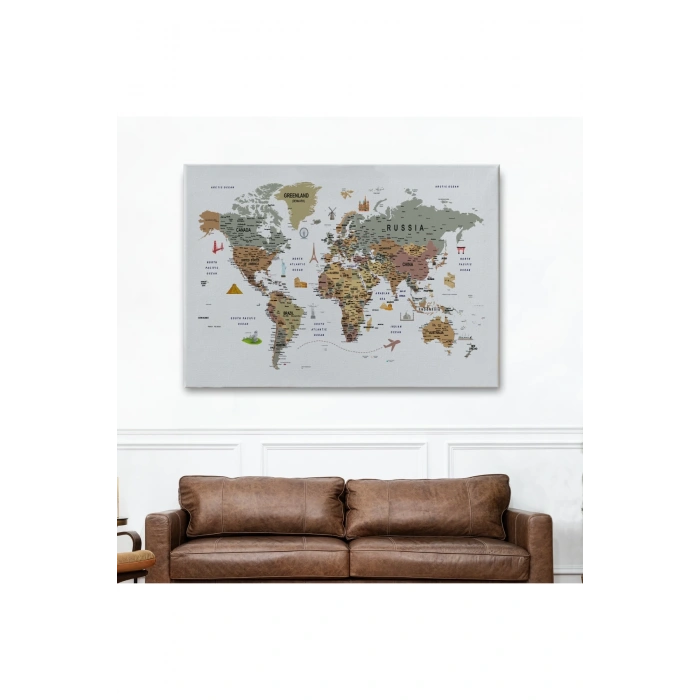 Dünya Haritası Çok Detaylı Ünlü Yerler Sembollü Kanvas Tablo 1774
