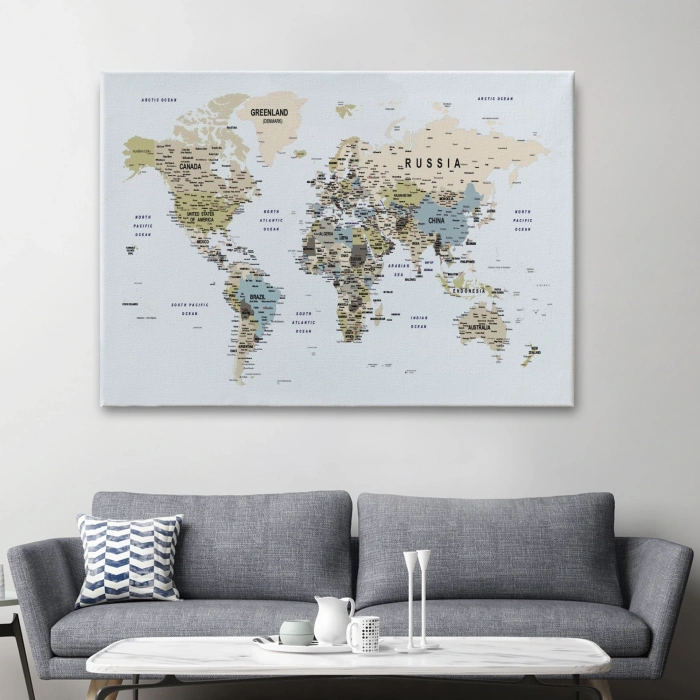 Dünya Haritası Dekoratif Kanvas Tablo Son Derece Detaylı ve Eğitici 1584
