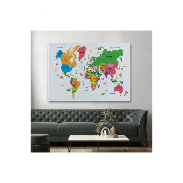 Dünya Haritası Dekoratif Kanvas Tablo Ülke ve Başkentli Öğretici ve Sembollü 2273