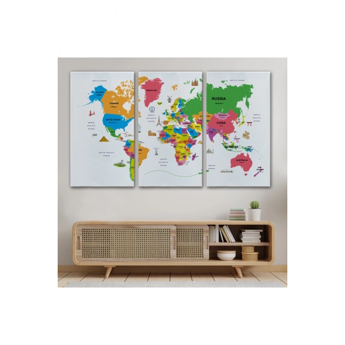 Dünya Haritası Dekoratif Kanvas Tablo Ülke ve Başkentli Öğretici ve Sembollü 2273
