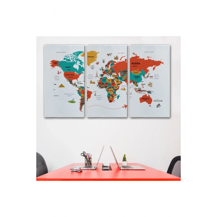 Dünya Haritası Dekoratif Kanvas Tablo Ülke ve Başkentli Öğretici ve Sembollü 2291