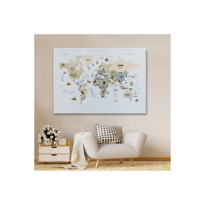 Dünya Haritası Dekoratif Kanvas Tablo Ülke ve Başkentli Öğretici ve Sembollü 2301