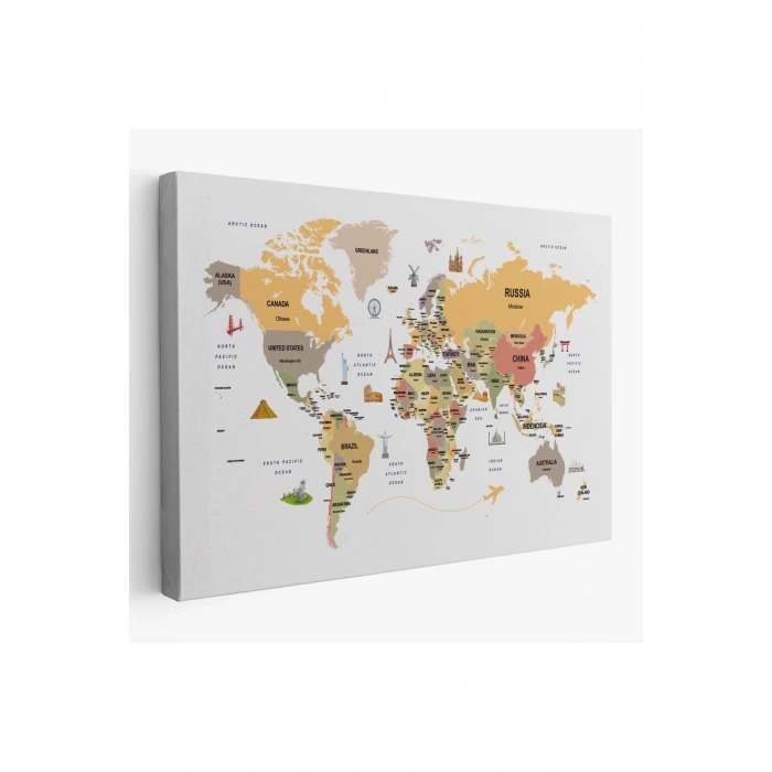 Dünya Haritası Dekoratif Kanvas Tablo Ülke ve Başkentli Öğretici ve Sembollü 2303