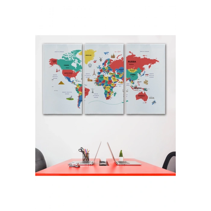 Dünya Haritası Dekoratif Kanvas Tablo Ülke ve Başkentli Öğretici ve Sembollü 2315