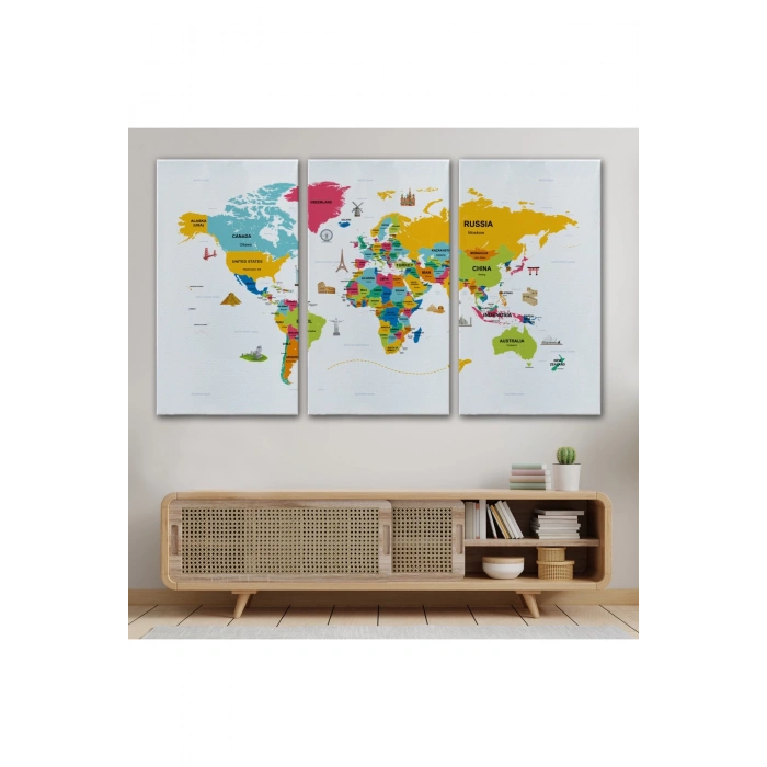 Dünya Haritası Dekoratif Kanvas Tablo Ülke ve Başkentli Öğretici ve Sembollü 2317