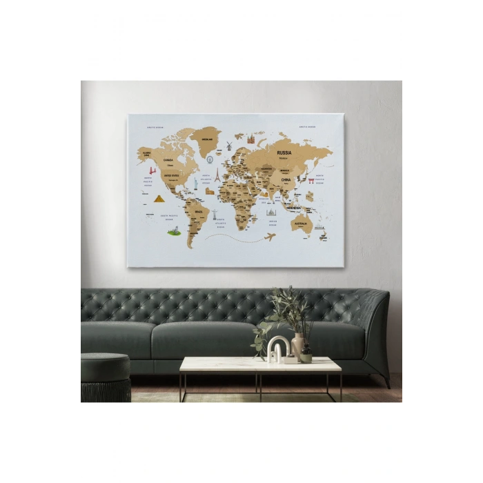 Dünya Haritası Dekoratif Kanvas Tablo Ülke ve Başkentli Öğretici ve Sembollü 2323