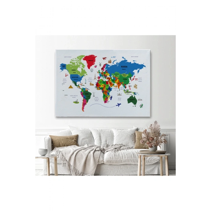 Dünya Haritası Dekoratif Kanvas Tablo Ülke ve Başkentli Öğretici ve Sembollü 2331