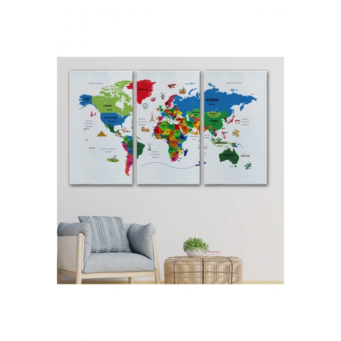 Dünya Haritası Dekoratif Kanvas Tablo Ülke ve Başkentli Öğretici ve Sembollü 2331