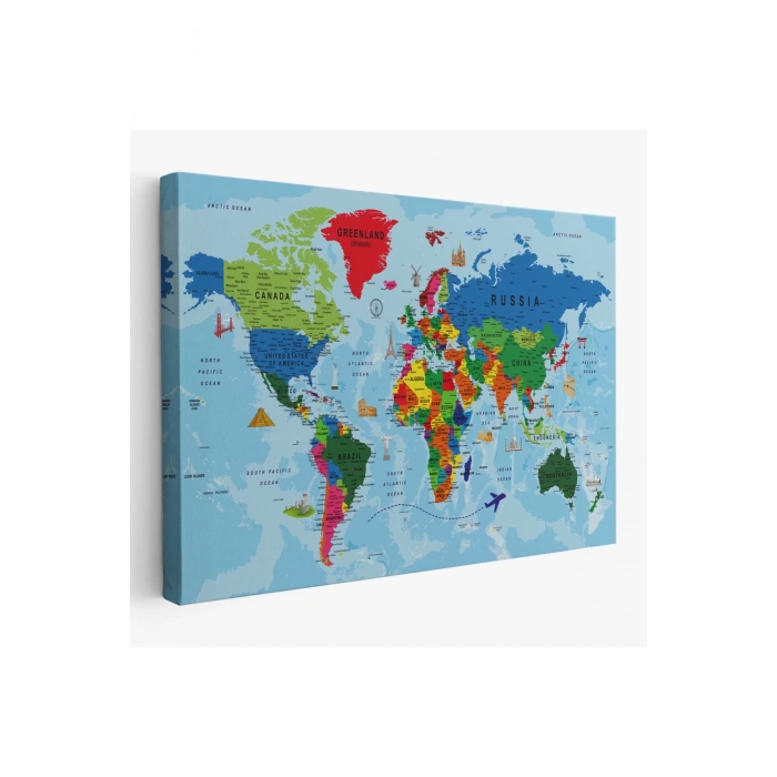 Dünya Haritası Kanvas Tablo Çok Ayrıntılı Dekoratif ve Okyanuslu2037