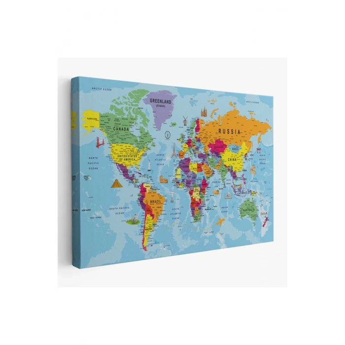 Dünya Haritası Kanvas Tablo Son Derece Detaylı Dekoratif Okyanuslu-1990