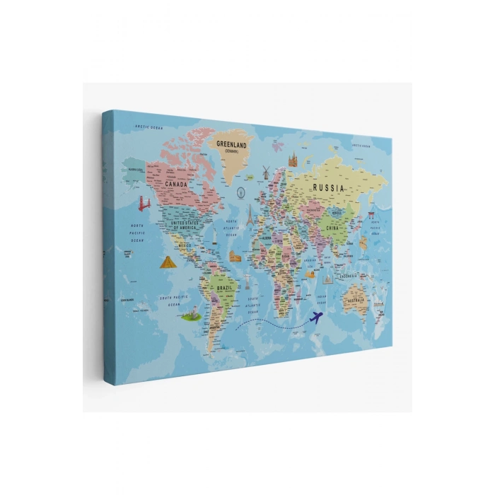 Dünya Haritası Kanvas Tablo Son Derece Detaylı Dekoratif Okyanuslu-2013
