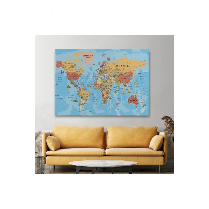 Dünya Haritası Kanvas Tablo Son Derece Detaylı Dekoratif Okyanuslu-2015