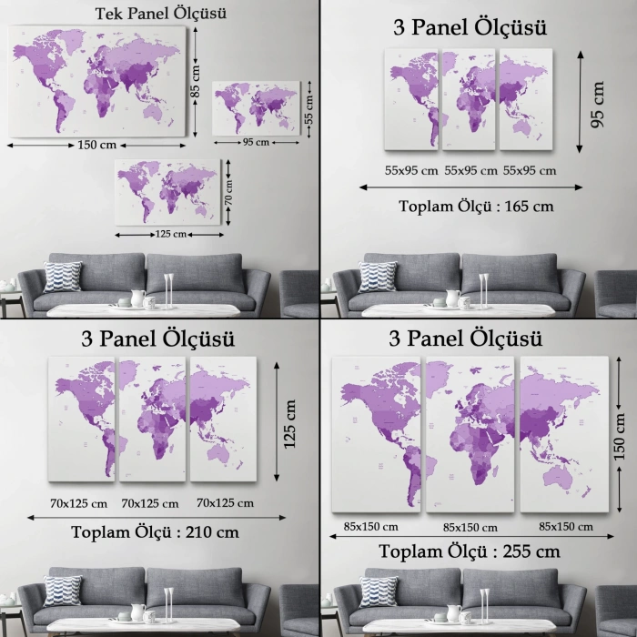 Dünya Haritası Mor Renkli Dekoratif Kanvas Tablo 1044