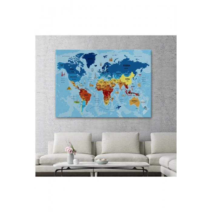 Dünya Haritası Sembollü ve Okyanuslu Dekoratif Kanvas Tablo 2423